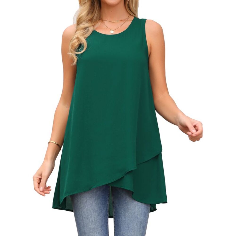Women's High Low Top Sleeveless Chiffon Blouse Crewneck Summer Tops Dark Green